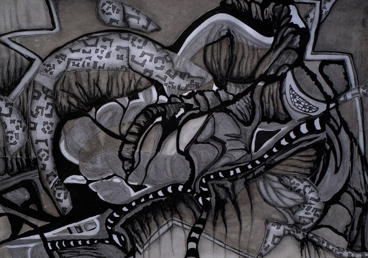 Sinuosidades. Dibujo-Collage. 0,30m x 0,40m. 2018